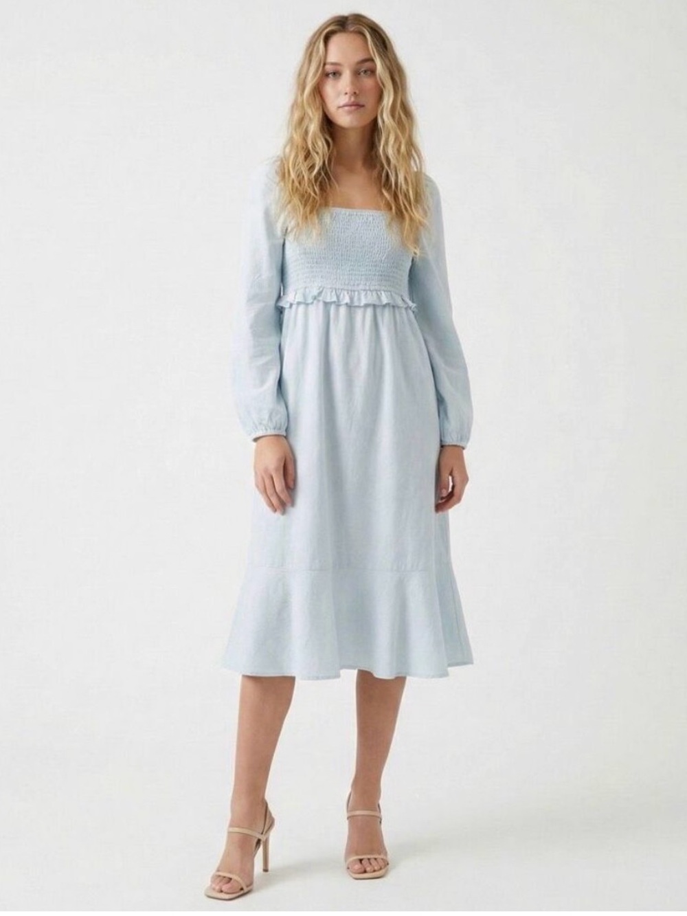 NWT 🔖 7 For All Mankind Sage Green Smocked Midi Puff Sleeve Dress Linen Blend M
